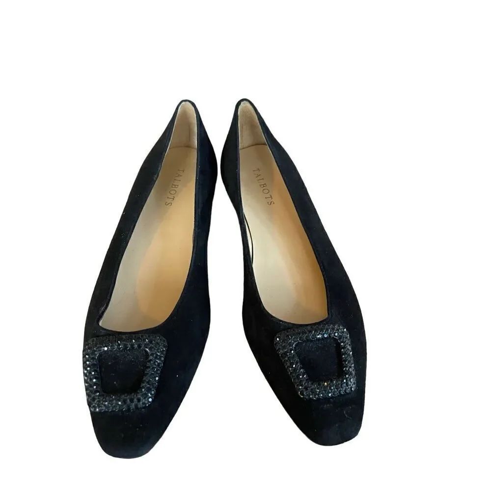 Talbots Womens Black Rhinestone Buckle Slip On Suede Flats Ballet Size 9